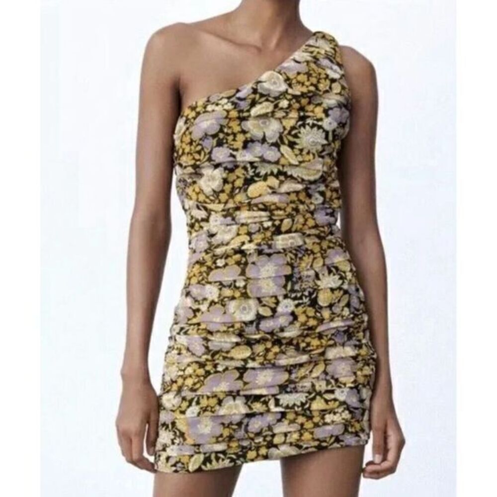 Zara One‎ Shoulder Strap Floral Purple Multi  Mini Dress Size Small NWT - Picture 15 of 16